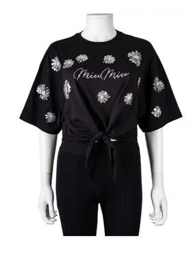 Miu Miu Black Embellished Tie-Front Short Sleeve Tee